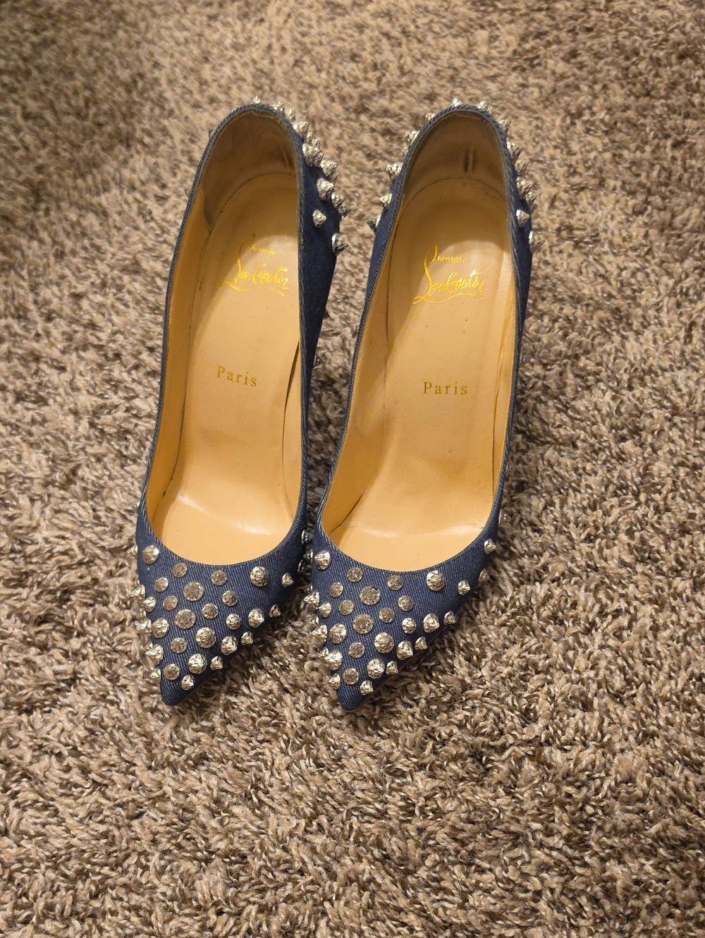 Christian Louboutin Dark Navy Denim Crystal-Stud Spike Pumps